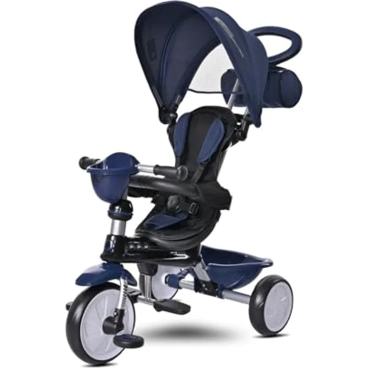 Lorelli Tricycle One 3 in 1, Dreirad mit EVA-Reifen, Schiebestange, Anti-Rutsch Pedalen und faltbarem Sonnendach, Farbe: dunkelblau – Bild 2