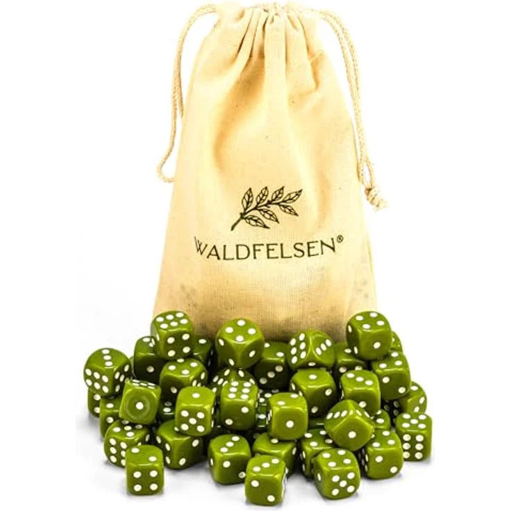 Waldfelsen® 50 hochqualitative Acrylwürfel, 16 mm, 6-seitig mit Stoffbeutel, Oliv – Bild 1