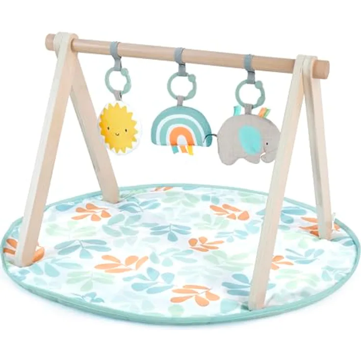 Ingenuity Sun Valley Holzspielzeugbogen & Spielmatte, faltbare A-Rahmen-Stange mit 3 abnehmbaren Spielzeugen, waschmaschinenfeste Matte, Unisex, für 0-36 Monate