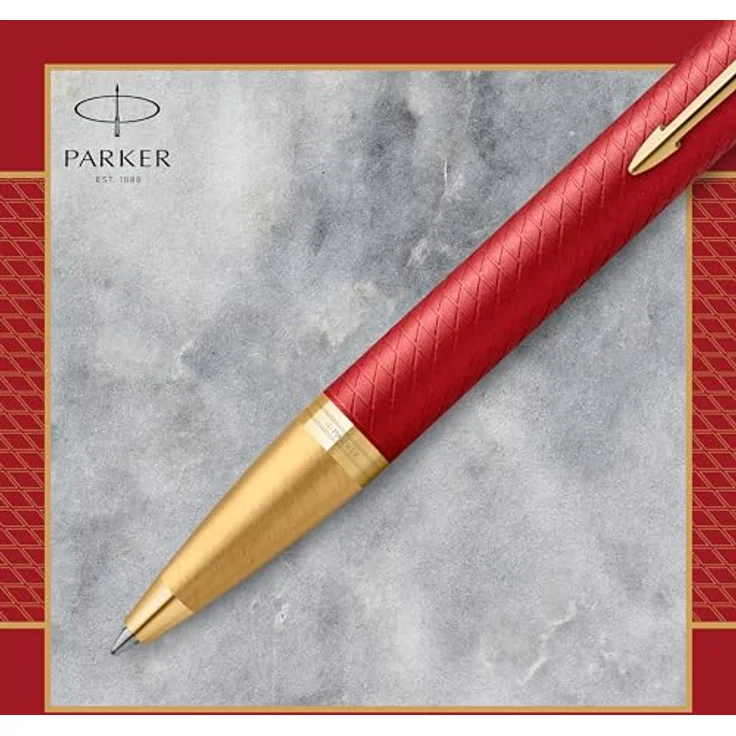 Parker IM Premium G.C. M, Kugelschreiber mit goldfarbenem Zierring und mattrotem Schaft, Schreibfarbe Blau, Nachfüllbar in Geschenkschachtel – Bild 4