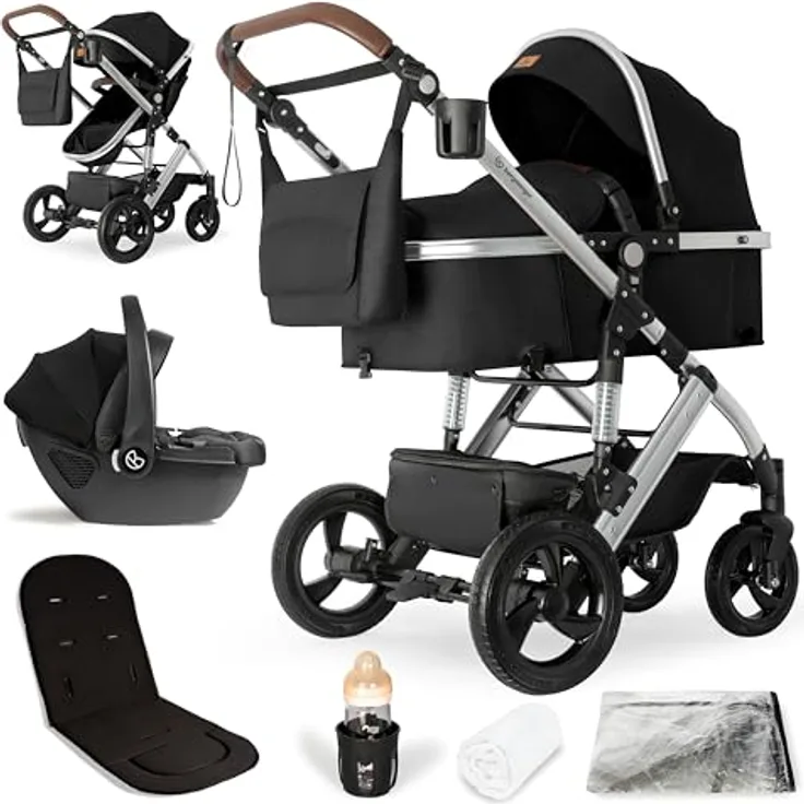 Bergsteiger Nizza 3 in 1 Kinderwagen, Kombikinderwagen Komplettset, Auto-Babyschale, Babywanne & Buggy Sportsitz inklusive, Isofix Station optional, grau