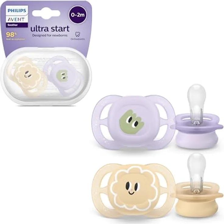 Philips AVENT Ultra Start Schnuller, kiefergerecht, BPA-frei, für Neugeborene, Doppelpack lila/orange, mit Sterilisationsbehälter, Modell SCF075/03
