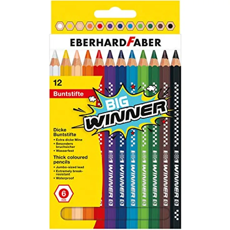 Eberhard Faber Big Winner Buntstifte (12 Stück) - Wasserfest, 6 mm Jumbo-Mine, extrem bruchfest