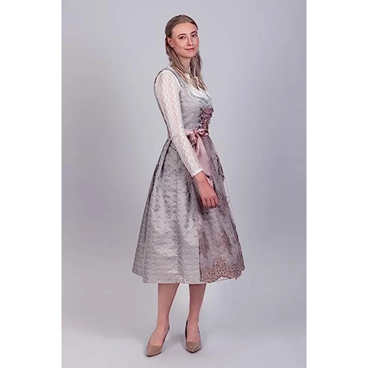 Edelnice Dirndl Aurelie, langes Trachtenkleid mit edlem Silberglanz und Rose-Tönen – Bild 4