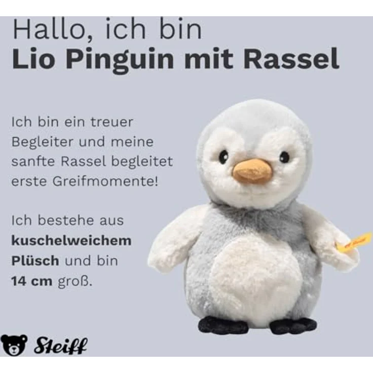 Steiff Kuscheltier Lio Pinguin mit Rassel, 14 cm, hellgrau, weich und kuschelig, für Babys ab 0 Monaten – Bild 2
