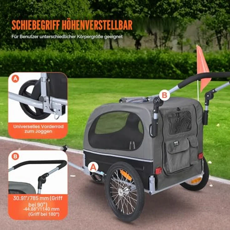 VEVOR 2-in-1 Hundeanhänger Fahrradanhänger & Kinderwagen, 40 kg Tragfähigkeit, faltbar, Kohlenstoffstahl, 600D Oxford-Gewebe, 1470 x 720 x 780 mm als Anhänger, 1530 x 720 x 825 mm als Jogger – Bild 3