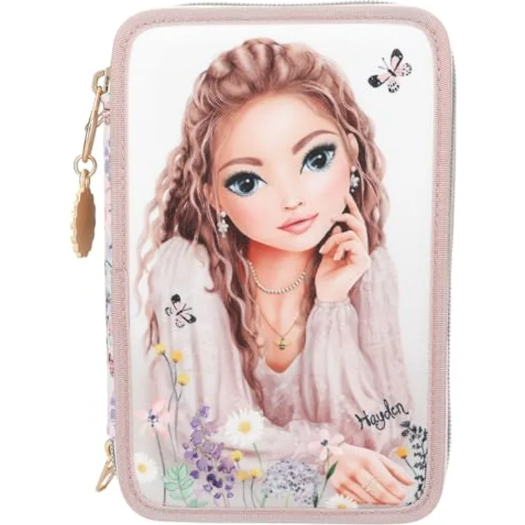 Depesche TOPModel Summer Feeling, gefüllte 3-Fach Federtasche in Rosa, mit 18 Bunt- und Filzstiften, Lineal, Schere und Blumen-Motiv