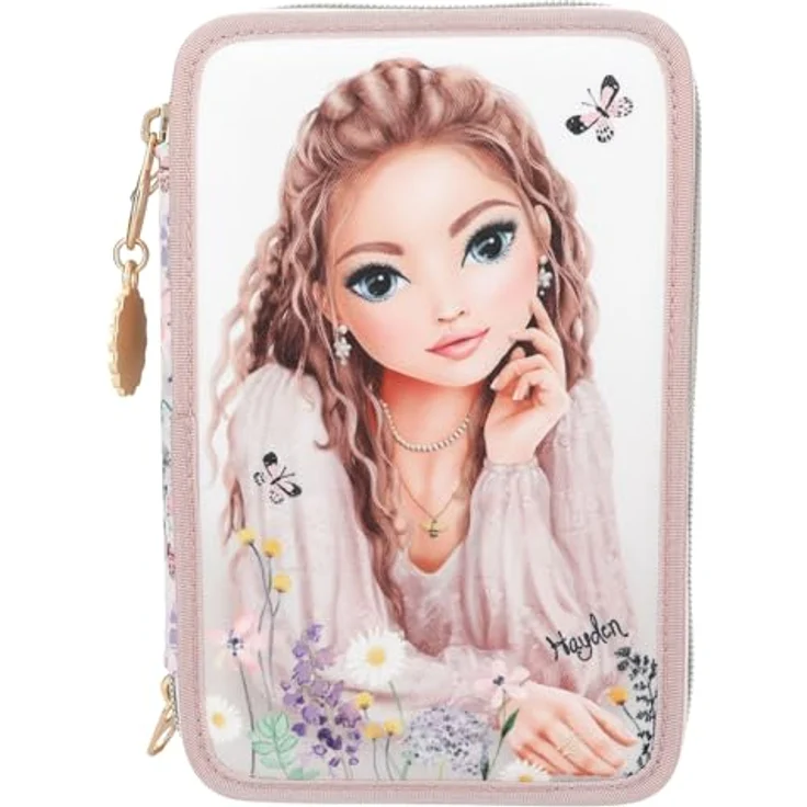 Depesche TOPModel Summer Feeling, gefüllte 3-Fach Federtasche in Rosa, mit 18 Bunt- und Filzstiften, Lineal, Schere und Blumen-Motiv – Bild 1
