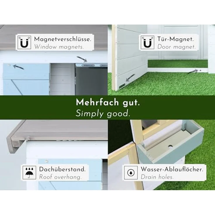 WONDERMAKE® Design Kinder Spielhaus Holz mit magnetischer Tür und 2 Pflanzkästen, wetterfest, 115x101x130 cm, weiß grau bunt – Bild 4