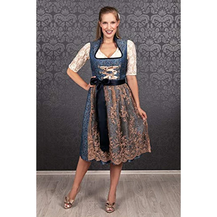 Edelnice Dirndl Estelle, Midi Dirndl in blau und beige-gold, Jaquard Stoff mit Blumenmuster, Exclusive Kollektion – Bild 3