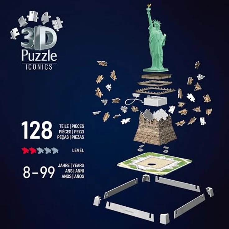 Ravensburger 3D Puzzle Iconics: Freiheitsstatue - mit LED Beleuchtung und 3 Beleuchtungsmodi, 108 Kunststoff-Puzzleteile – Bild 3