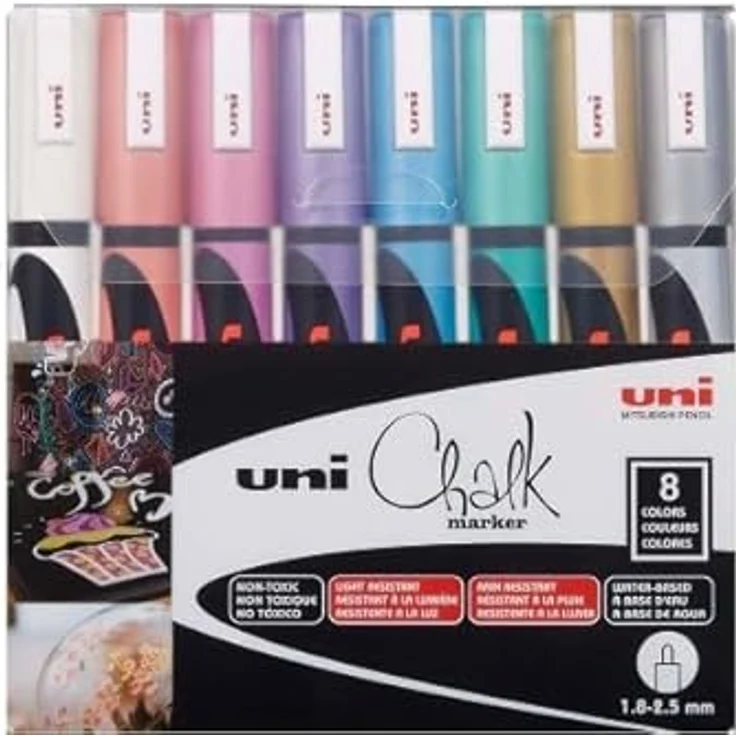uni-ball 186209 - Fenster- und Kreidemarker mit Rundspitze, PWE-5M, metallic Farben, 8er Etui – Bild 2