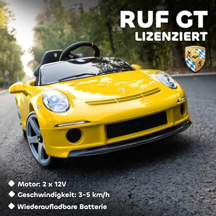 AIYAPLAY RUF GT Kinder Elektroauto 12V mit 2,4 GHz Fernbedienung, Softstart, Federungssystem, MP3-Player, USB, LED-Leuchten, für 3-5 Jahre, Gelb – Bild 3