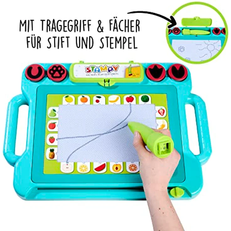 Simba 106334629 - Stampy Maltafel für Kinder, 41x29cm, magnetische Zaubertafel mit Sound-Stift, 4 Tierstempel mit Geräusch, Magnet-Stempeln, 3 Lernkarten, Magnettafel für Mädchen und Jungen ab 3 Jahre – Bild 2