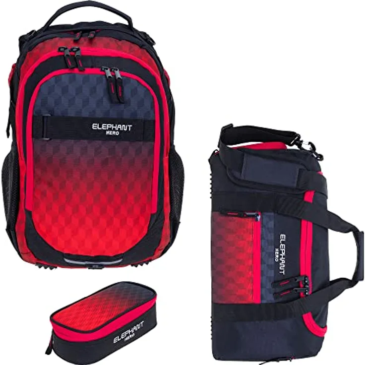 Elephant HERO Signature 2, 3-teiliges Schulrucksack-Set mit Laptopfach, Sporttasche und Mäppchen, 30 Liter, Rot