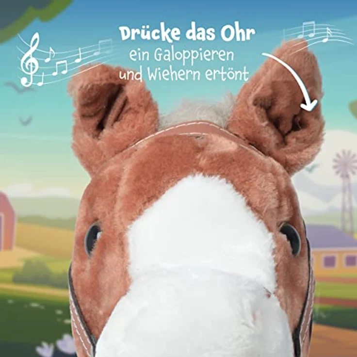 Pink Papaya Steckenpferd, Mr. Brownie, süßes Spielzeug Pferd aus Plüsch mit Sound Funktion Gewieher und Galoppgeräusch - Farbe: braun mit Blonder Mähne – Bild 4