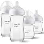Philips AVENT Babyflasche Glas-Flasche Natural, 4er Pack Baby Glas-Flaschen 120ml & 240ml, mit Silikon-Sauger, Borosilikatglas, Anti-Kolik-System, 2 Saugerstufen, sterilisierbar.