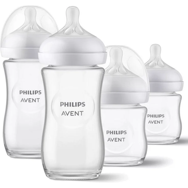 Philips AVENT Babyflasche Glas-Flasche Natural, 4er Pack Baby Glas-Flaschen 120ml & 240ml, mit Silikon-Sauger, Borosilikatglas, Anti-Kolik-System, 2 Saugerstufen, sterilisierbar.