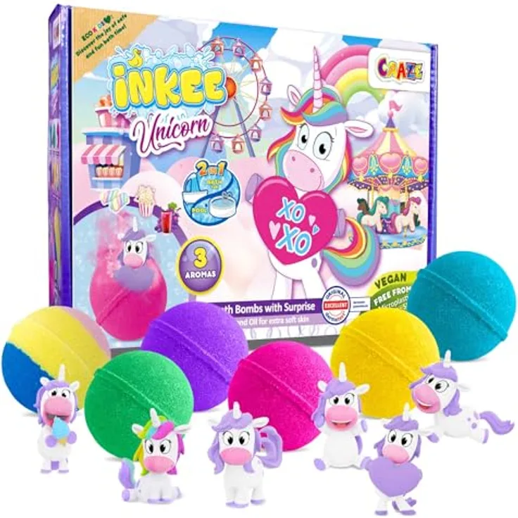 INKEE Unicorn Badebomben Geschenkbox, 6er Set mit Überraschungseinheiten und Einhornfiguren in 6 verschiedenen Farben für Kinder