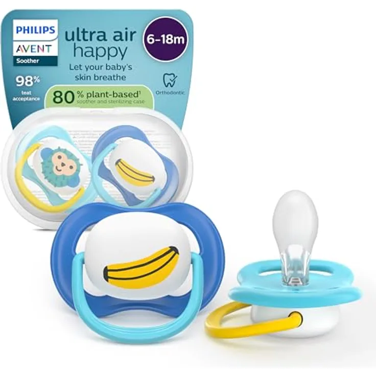 Philips Avent ultra air Schnuller SCF080/26, kiefergerecht, weicher symmetrischer Silikonsauger, 6–18 Monate, BPA-frei, mit Sterilisationsbehälter, 2er-Pack