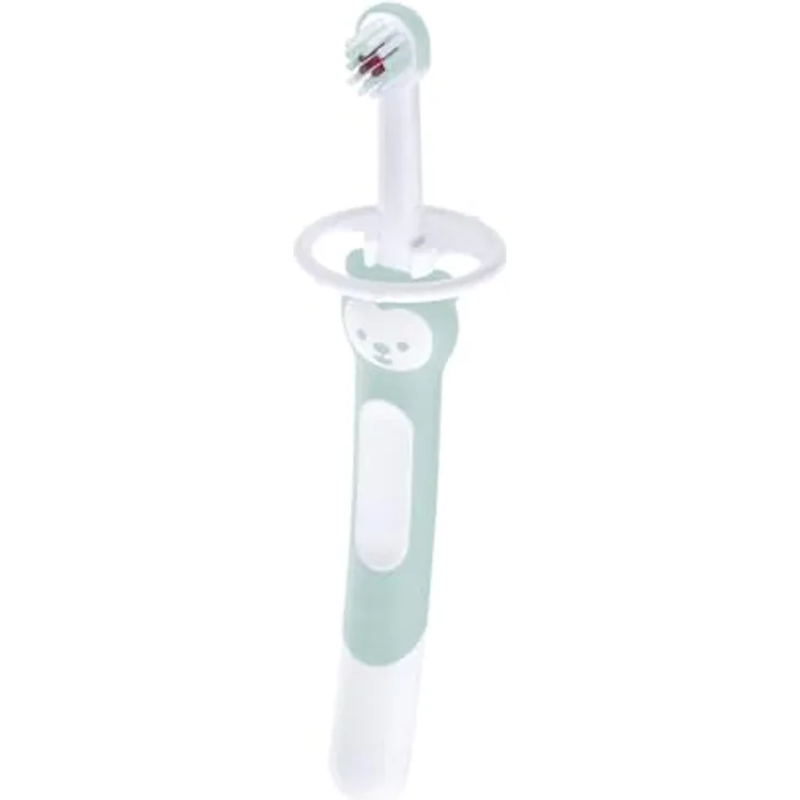 MAM Training Brush, Baby Zahnbürste mit langem Griff und Sicherheitsschild, sanfte Zahnreinigung ab 5+ Monate, türkis