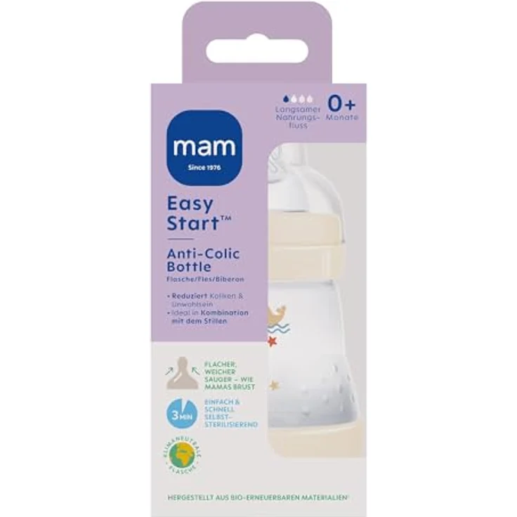 MAM Easy Start Anti-Colic Babyflasche (160 ml), Baby Trinkflasche mit Bodenventil gegen Koliken & Sauger Größe 1, 0+ Monate, Robbe/beige/zartrosa – Bild 2