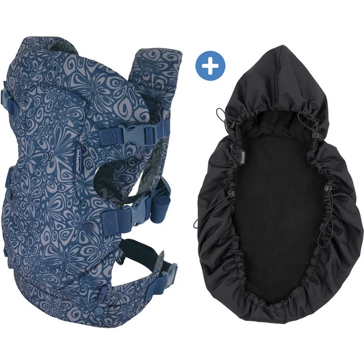 Infantino BKids Babytrage Flip Advanced - Navy Floral, 4-in-1 Bauch- und Rückentrage ab Geburt, bis 14,5 kg, inkl. Regenschutz