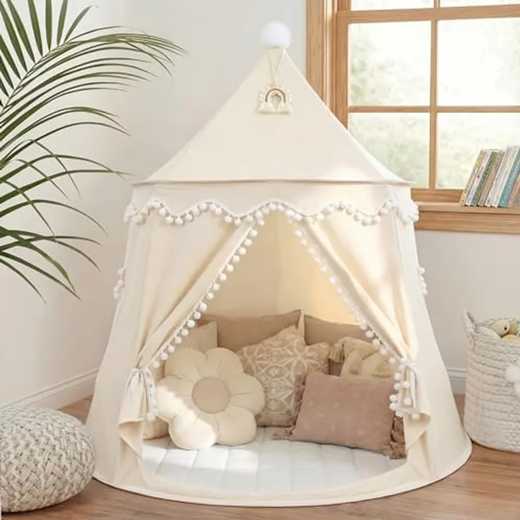 LIONHERZ® Spielzelt Märchenschloss, atmungsaktives Baumwoll-Hanf-Gewebe, cremeweiß mit Fiberglasstangen, Tasche, Matte und Deko für Kinder