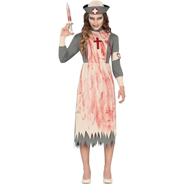 FIESTAS GUIRCA Tote Krankenschwester Kostüm, Kleid und Haarschmuck für Erwachsene, Größe 44-46 (XL), in Grau und Beige für Halloween und Gruselfeiern – Bild 2