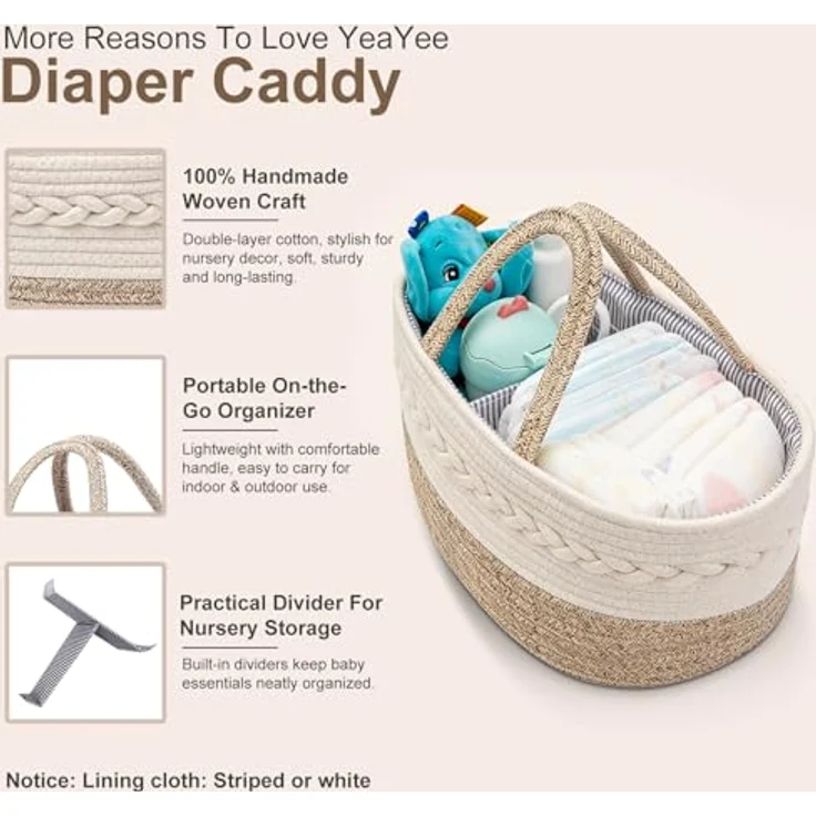 YeaYee Baby Windel Caddy Organizer, Multifunktionale Aufbewahrungsbox aus 100% Baumwoll-Leinen, tragbarer Organizer mit wechselbaren Fächern, 36,1 x 22,1 x 18 cm, für Windeln und Babybedarf – Bild 2