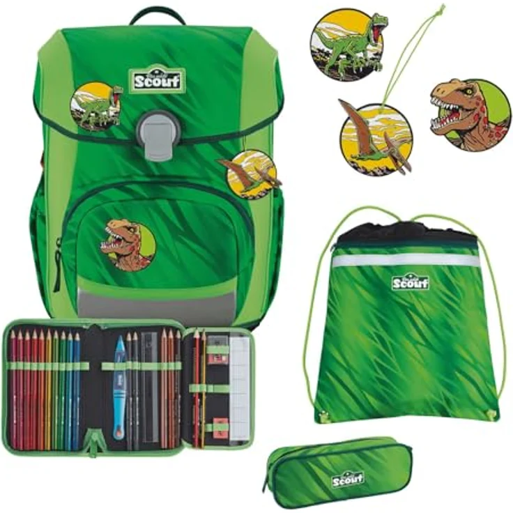 SCOUT Basic Neo Set 4-teilig Dino Rex, Schulranzen mit reflektierender Oberfläche, inklusive 2 Schlampermäppchen und Sportbeutel, 27 x 39 x 18 cm – Bild 1