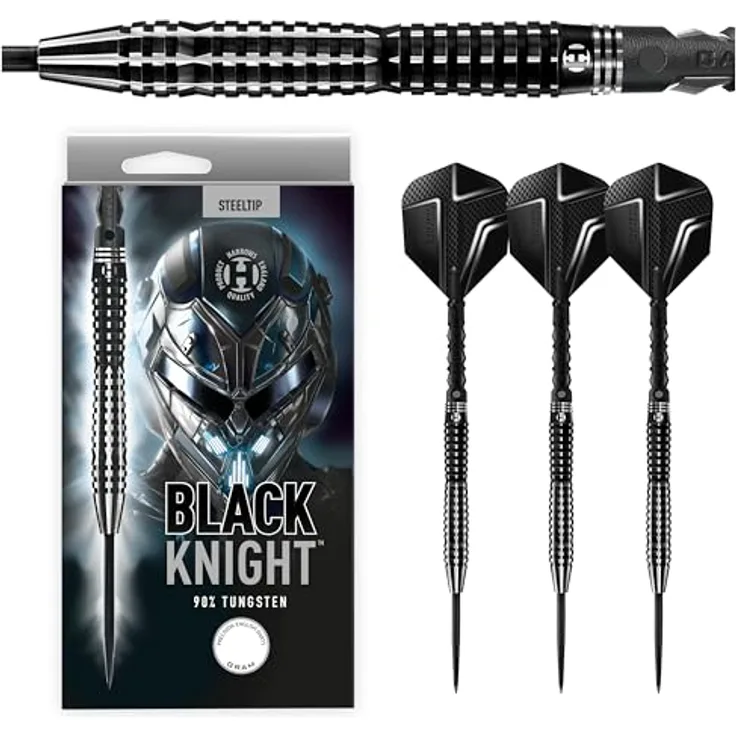 Harrows Black Knight Darts-Set, 90% Wolfram, 22g-25g, inklusive Black Carbon ST Midi-Schäfte und Micron Black Knight Flights (24g)