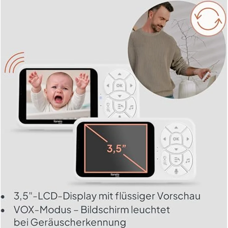 Lionelo Babyline 3.4 – Babyphone mit Kamera, 3,5" Display, Nachtsicht, 4× Zoom, Gegensprechen, Temperatursensor, 3000mAh Akku, 200 m Reichweite, ohne WLAN – Bild 2