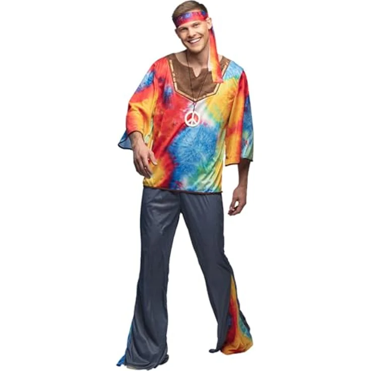 Boland Hippie Kostüm „Marley“, Verkleidung für Erwachsene mit Stirnband, Halskette und weiten Beinen, Größe 50/52, 70er Jahre Stil – Bild 1