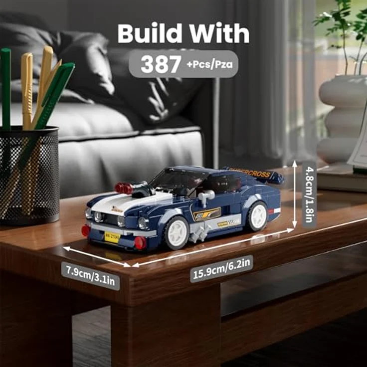 Mould King 27048 Technik Speed Champion, Musteng 1967 Rennwagen Bausteine mit Acryl Vitrine, 387 Teile – Bild 2