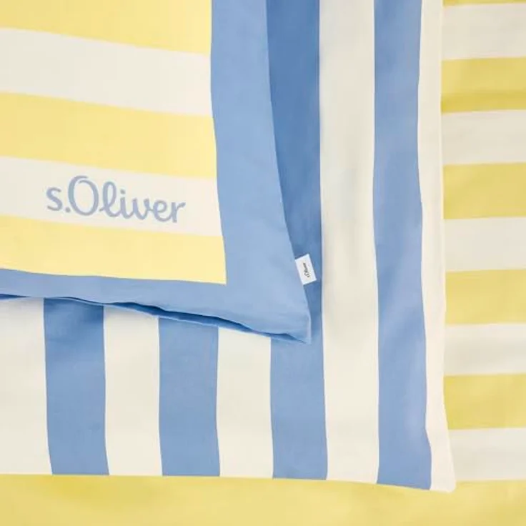 s.Oliver Mako Satin Bettwäsche 135x200 cm, 100% Baumwolle, anschmiegsam & weich, Blockstreifen Muster, blau gelb, 2-teilig – Bild 4