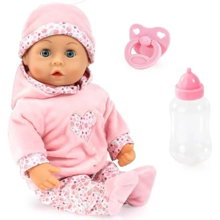Bayer Babypuppe First Words Baby, 38 cm, rosa, mit Schlafaugen und 24 Babygeräuschen, 3-tlg. Set mit Flasche und Schnuller