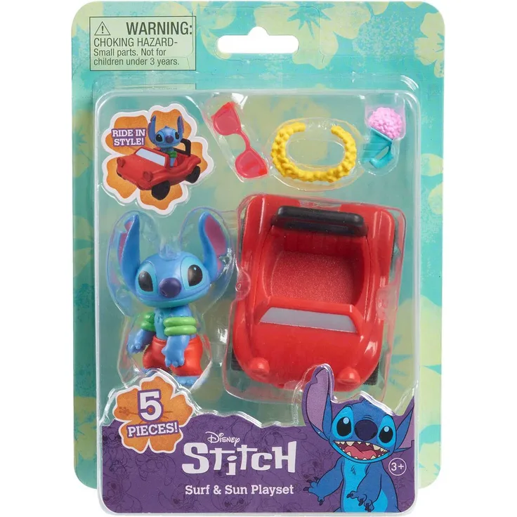 Just Play Ltd. Lilo & Stitch Minifiguren Playset Surf & Sun Stitch, 7 cm Figur mit rotem Auto und Zubehör