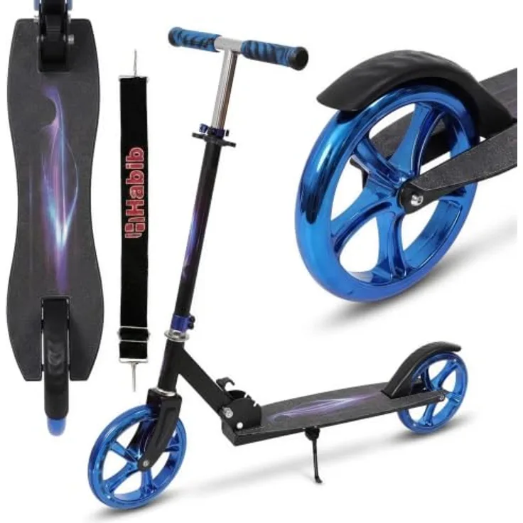 Europebazar Habib Cityroller mit glänzenden XXL-Rädern, klappbar & bis 100kg, höhenverstellbar, blau