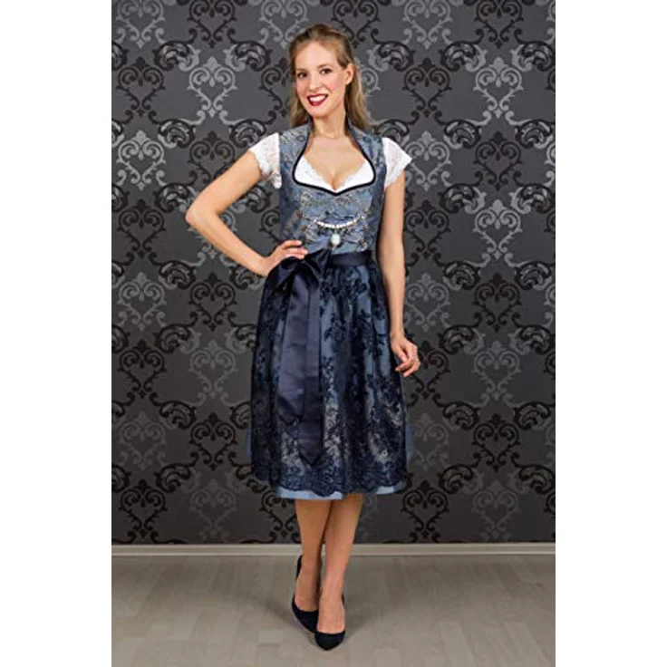 Edelnice Dirndl Adriana, Damen Dirndl in hellblau-silbernem Brokatstoff mit dunkelblauer Spitzenschürze – Bild 5