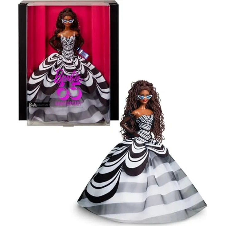 Barbie 65. Anniversary HRM59, Anziehpuppe im schwarz-weiß gestreiften Ballkleid mit saphirblauen Akzenten, inkl. Puppenständer und Echtheitszertifikat – Bild 1