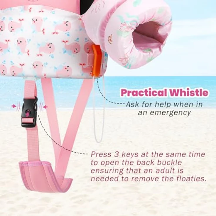 HeySplash Kinder Schwimmweste, Schwimmflügel für Kinder 6-15kg, Verstellbare Träger, Doppelschnalle, Pfeife, Rosa Wal – Bild 4