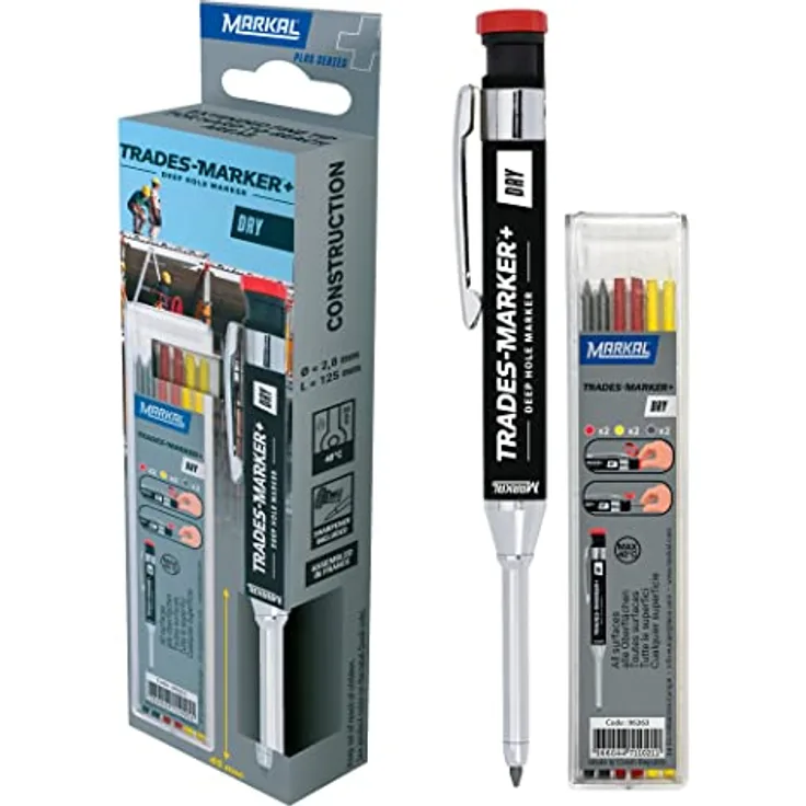 Markal Trades-Marker, Trockener Metallstift mit Kern, inkl. 1 Bleistift und 6 Graphitkernen