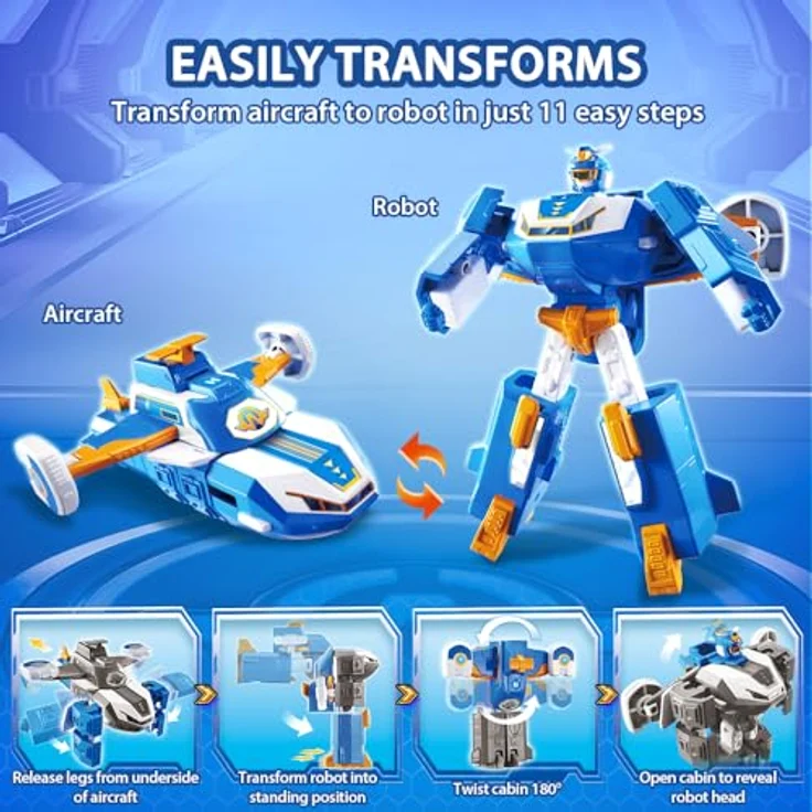 Super Wings 2-in-1 Mini World Aircraft Verwandlungsroboter, 18 cm groß mit Licht- und Soundeffekten, Transformer-Spielzeug für Mädchen und Jungen ab 3 Jahren, blau – Bild 3