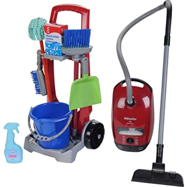 Theo Klein 6074 Putzwagen und Staubsauger, Kinder-Sauger im Miele-Design mit Eimer, Wischmop und Sprühflasche, Maße: 22 cm x 39 cm x 70 cm, Spielzeug für Kinder ab 3 Jahren