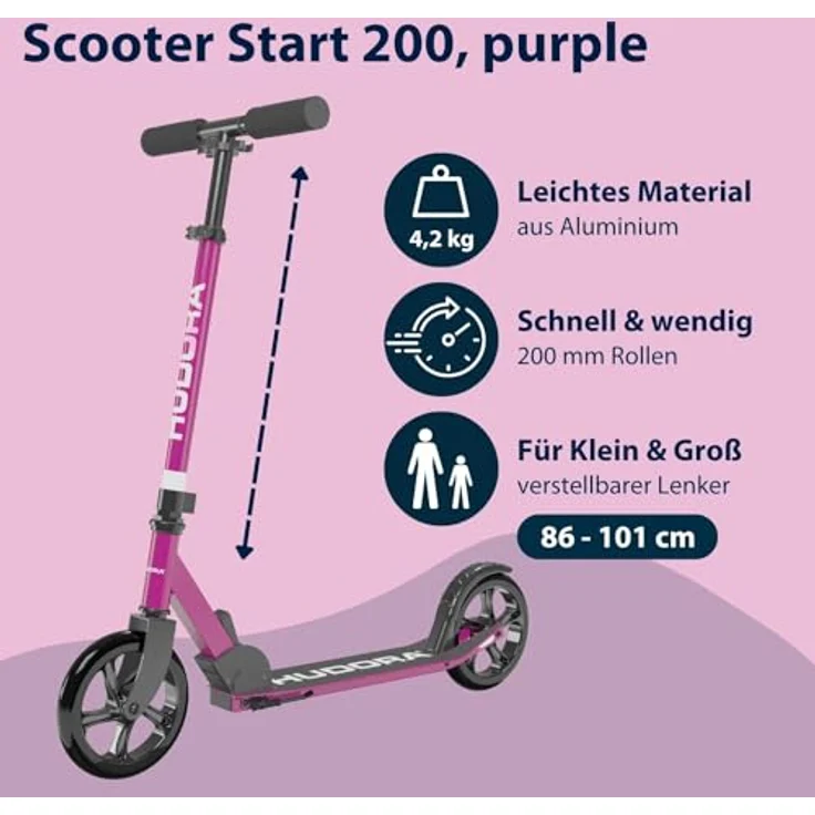 HUDORA Scooter Start 200, stabiler Aluminium-Roller, höhenverstellbar & zusammenklappbar, für Kinder & Erwachsene bis 100kg, purple – Bild 2