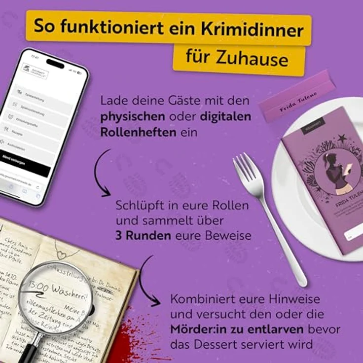 Gourmet Criminelle® Krimidinner für zuhause, Mysteriöser Mordfall Blutsand am Nordseestrand, für 4-6 Spieler ab 16 Jahren, inklusive Rezeptideen und Audiohinweisen – Bild 3