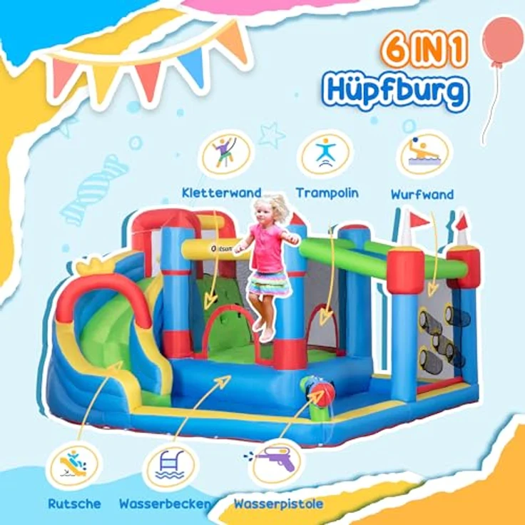 Outsunny Hüpfburg mit Gebläse, aufblasbarer Wasserpark mit Wasserrutsche, Planschbecken, Kletterwand und Wasserpistole für 3 Kinder von 3-8 Jahren, inkl. 450 W-Luftpumpe, bunt – Bild 3