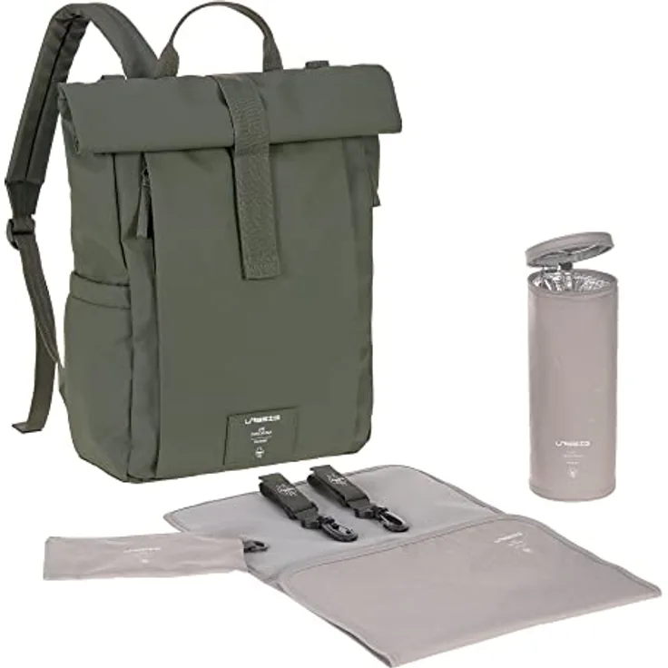 LÄSSIG Baby Wickelrucksack Wickeltasche Rucksack mit Wickelunterlage, Kinderwagenbefestigung, Flaschenhalter nachhaltig produziert/GRE Rolltop Up Backpack olive