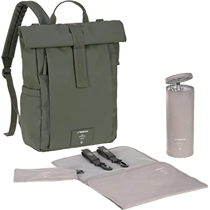 LÄSSIG Baby Wickelrucksack Wickeltasche Rucksack mit Wickelunterlage, Kinderwagenbefestigung, Flaschenhalter nachhaltig produziert/GRE Rolltop Up Backpack olive – Bild 1